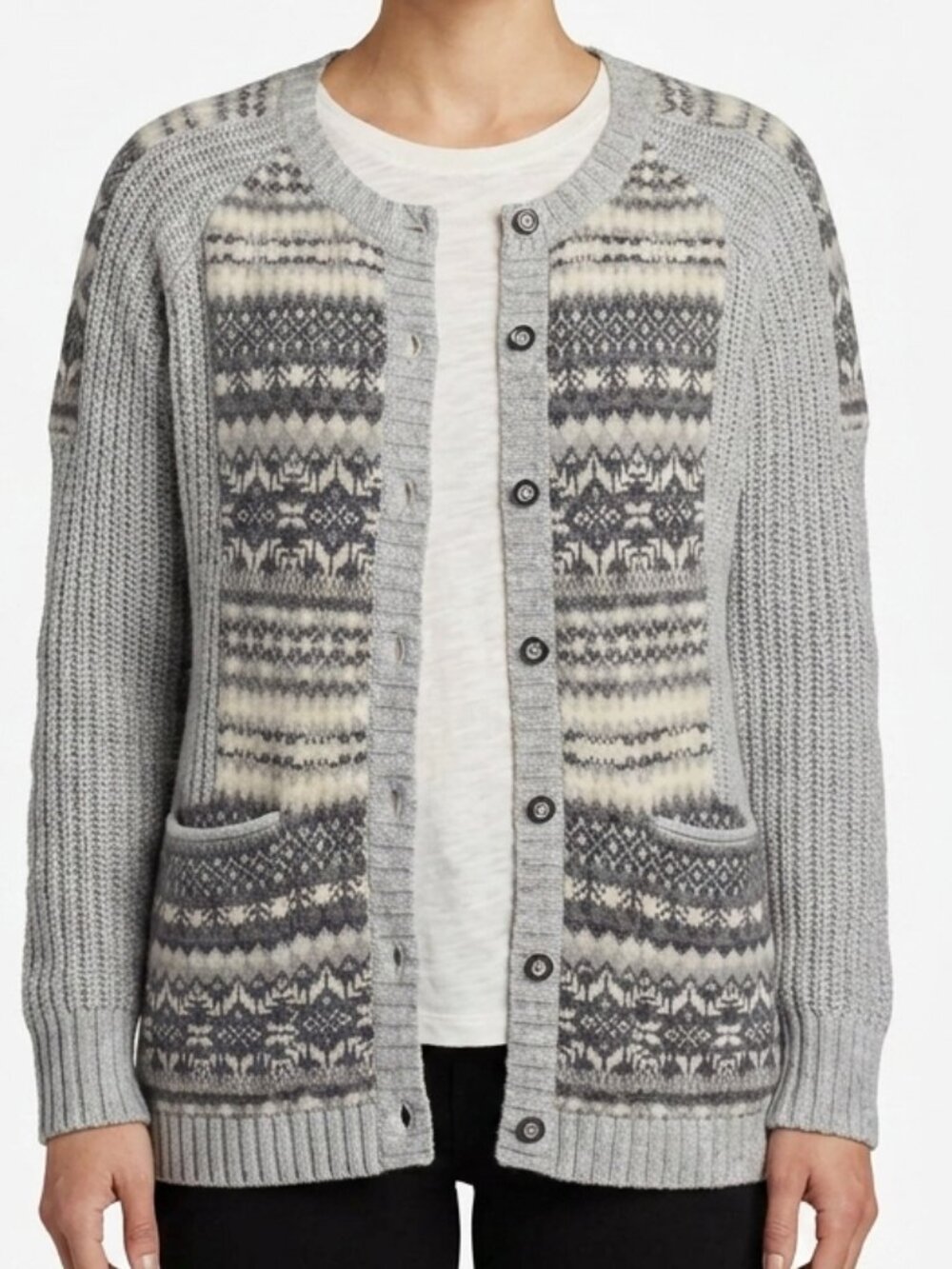 Eddie Bauer Wool/Cotton Fair Isle Button Front Knit Cardigan- Sz. Med